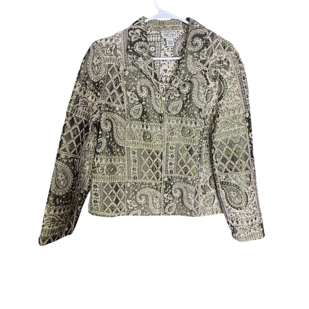 Molly + Maxx Women L Paisley Patchwork Tapestry Zip Up Jacket Metallic Green